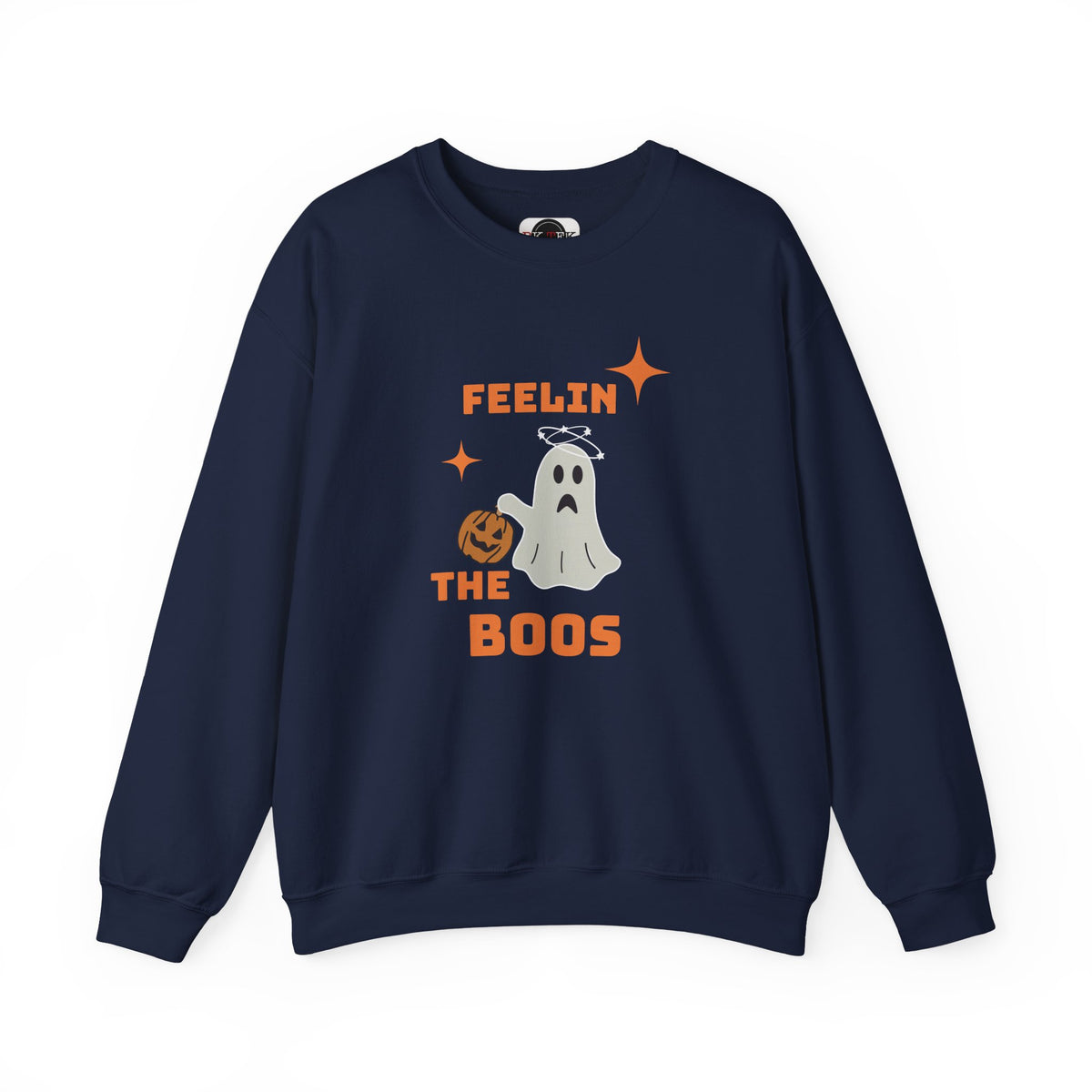 A navy blue crewneck sweatshirt featuring a Halloween graphic with the text 'FEELIN THE BOOS' in orange, a white ghost, and an orange pumpkin, displayed on a clean white background.