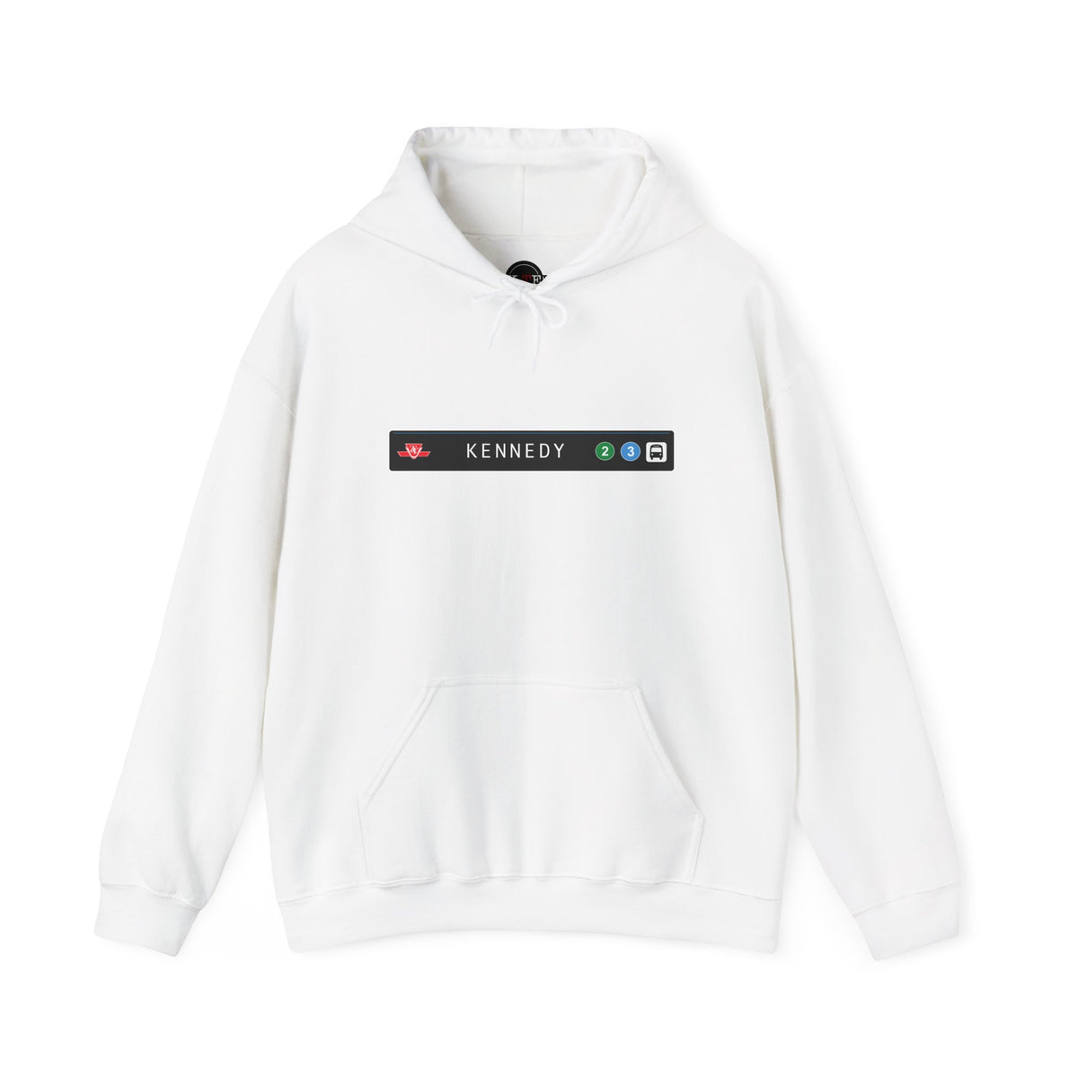 A white pullover hoodie with a front kangaroo pocket and a small black rectangular chest graphic reading 'KENNEDY' with small colorful icons on either side, shown on a plain white background.