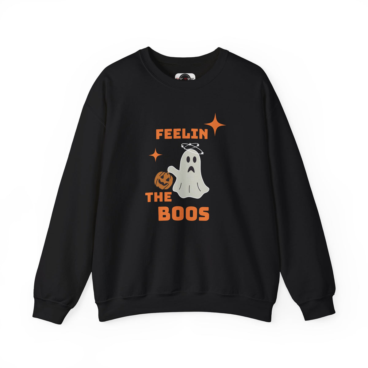 A black crewneck sweatshirt featuring a Halloween graphic with the text 'FEELIN THE BOOS' in orange, a white ghost holding a pumpkin, and orange star accents, displayed on a clean white background.