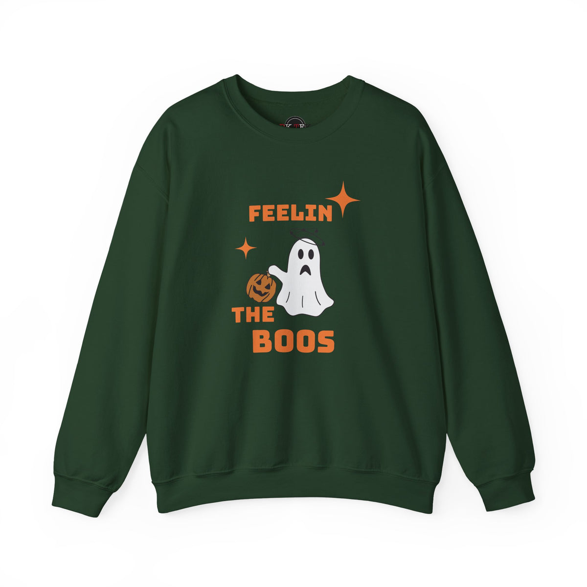 A dark green crewneck sweatshirt featuring a Halloween graphic with the text 'FEELIN THE BOOS' in orange, a white ghost, and an orange pumpkin, displayed on a clean white background.