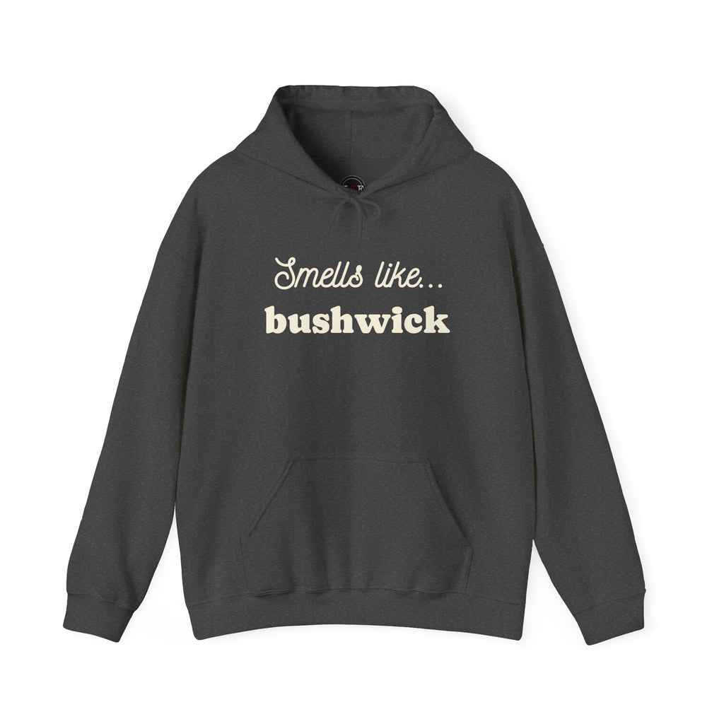 Dark Heather Smells Like Bushwick graphic pullover hoodie