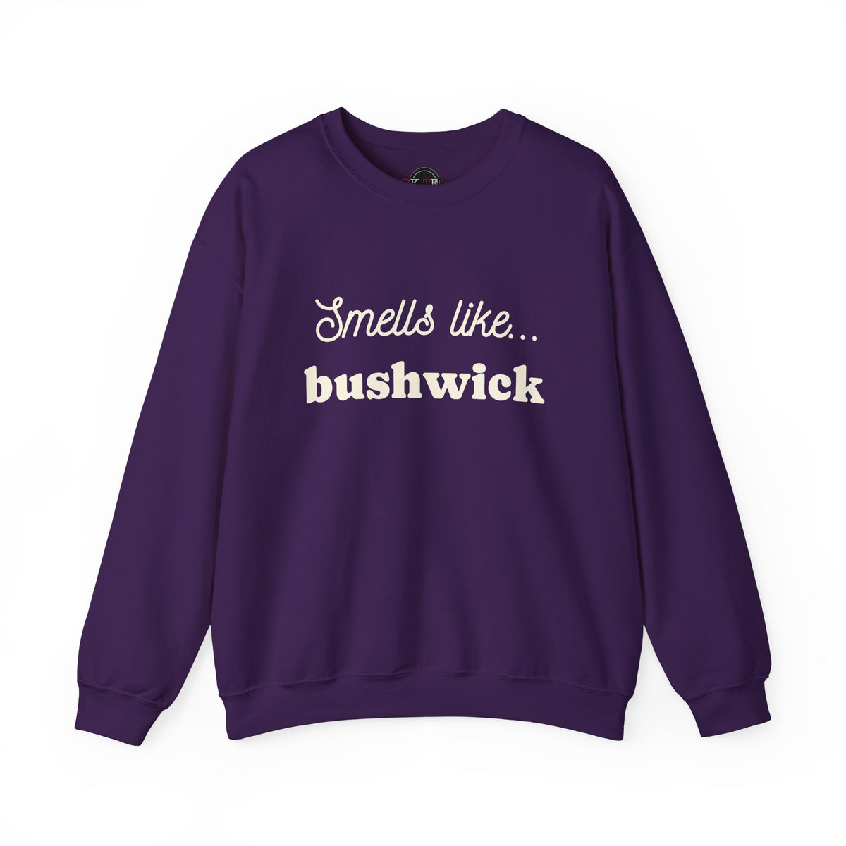 Purple Smells Like Bushwick graphic crewneck sweatshirt