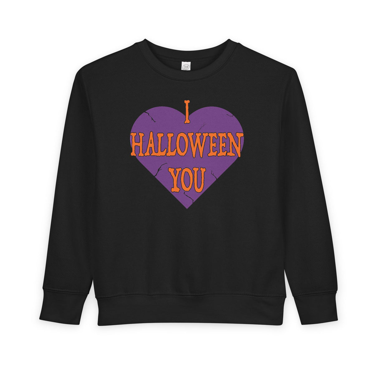 A black crewneck sweatshirt featuring a graphic of a purple heart with orange text that reads 'I HALLOWEEN YOU' on the front, displayed against a solid white background.