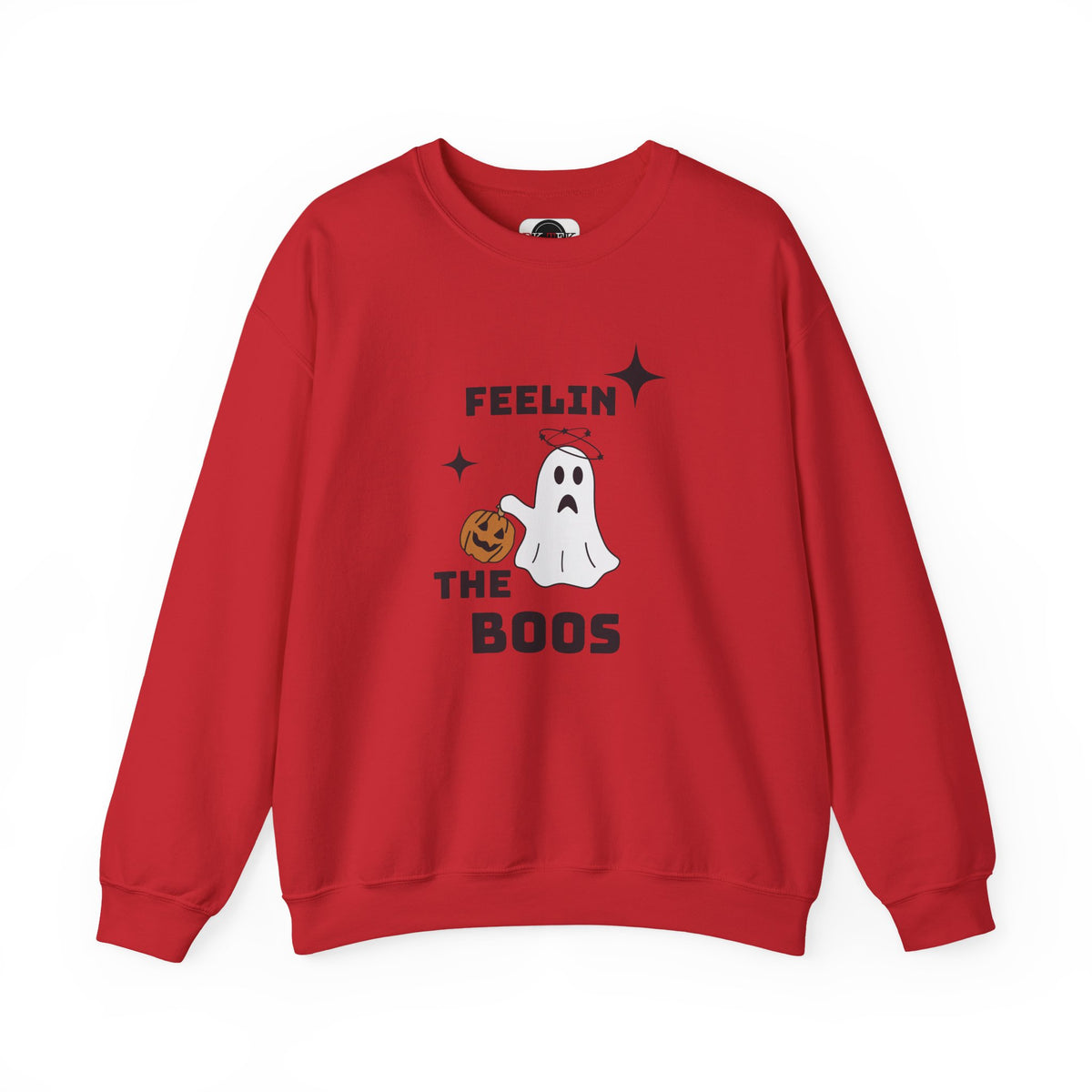 A red crewneck sweatshirt featuring a Halloween graphic with the text 'FEELIN THE BOOS', a white ghost, and a small jack-o'-lantern, shown on a plain white background.