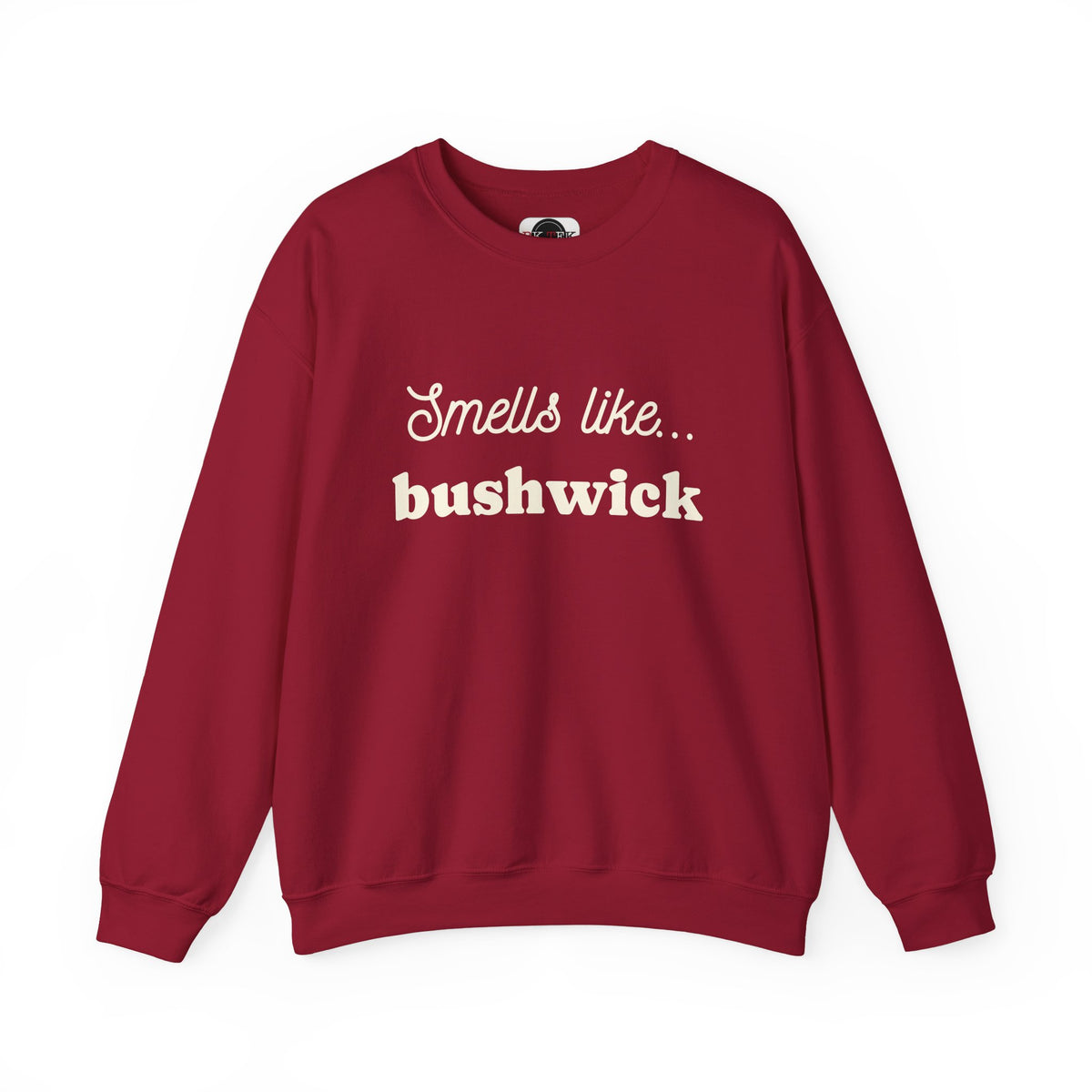Cardinal Red Smells Like Bushwick graphic crewneck sweatshirt