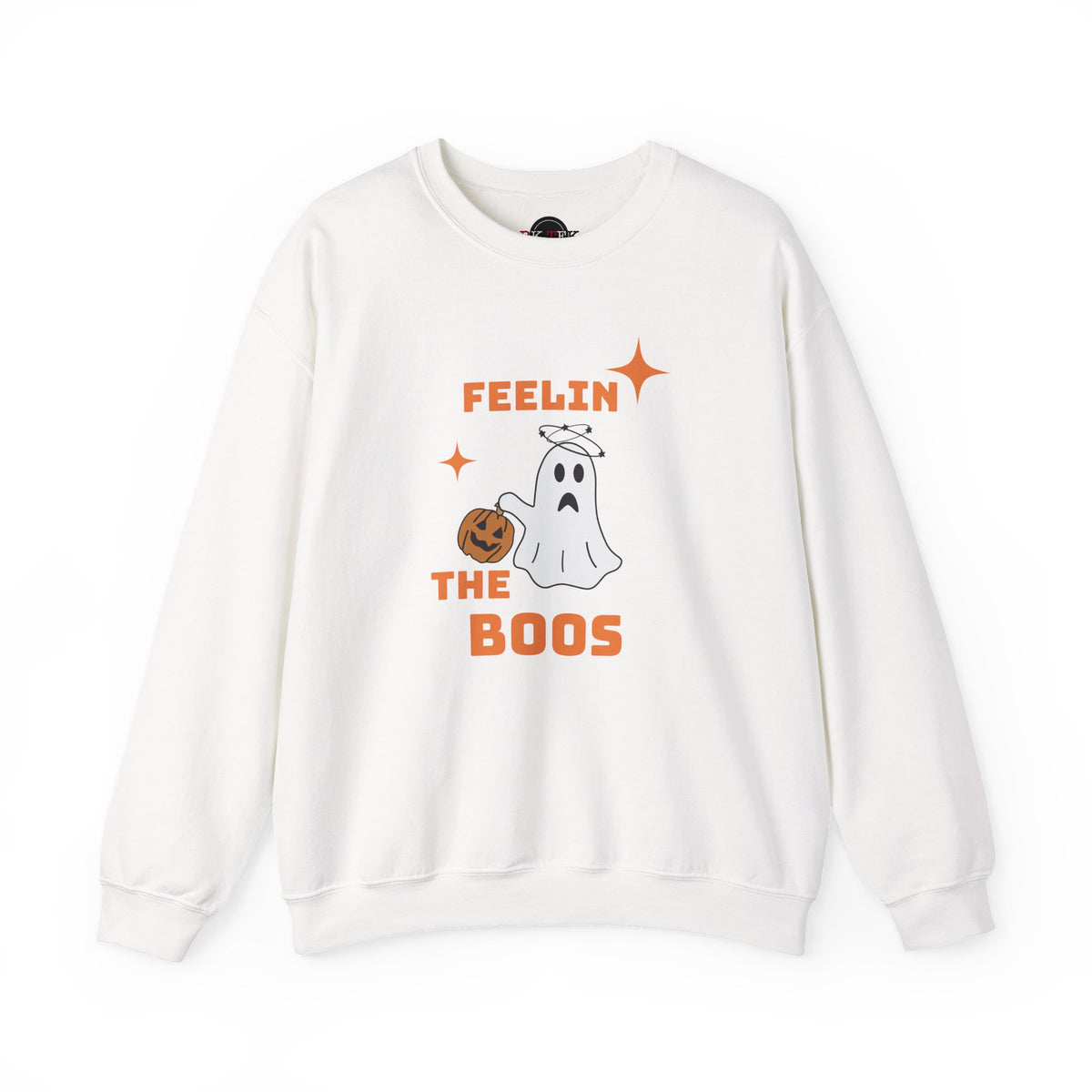 A white crewneck sweatshirt featuring a Halloween graphic with the text 'FEELIN THE BOOS' in orange, a cute ghost character holding a jack-o'-lantern, and small orange starbursts, displayed on a clean white background.
