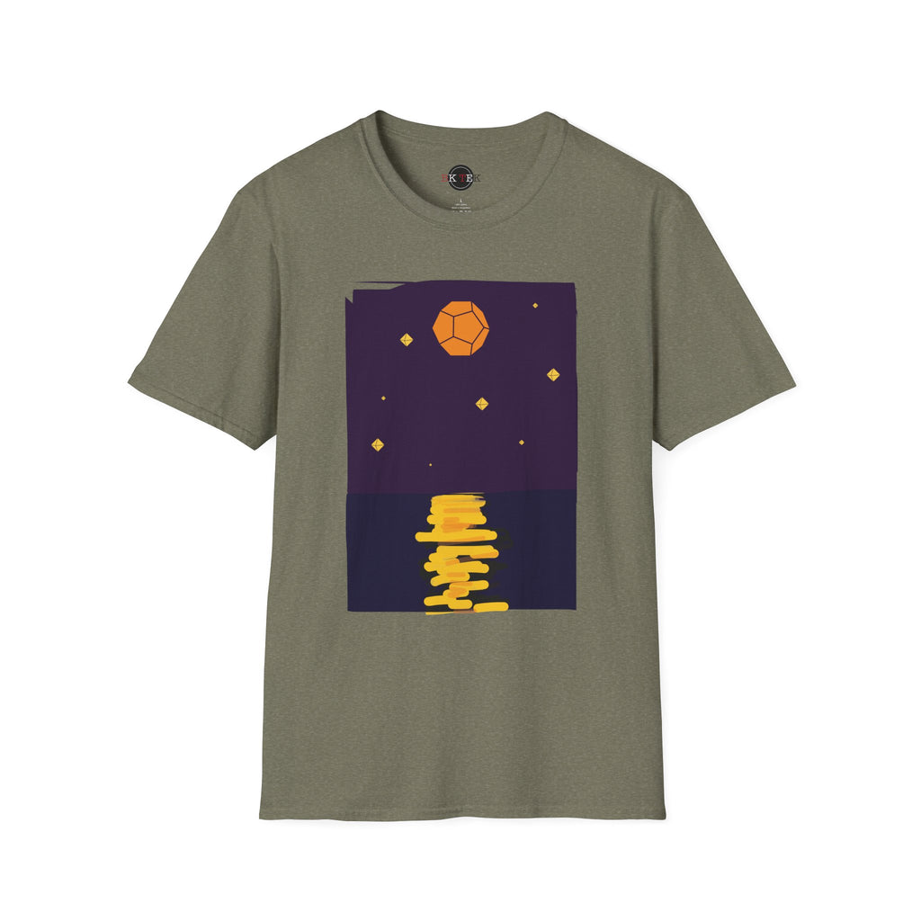 Green t-shirt with a graphic design of the moon  and stars reflection in the ocean on a white background