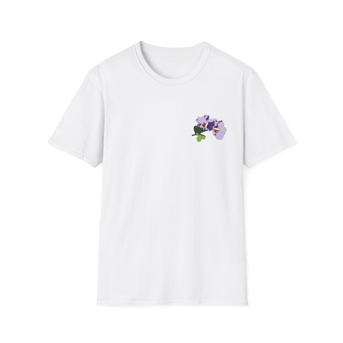White t-shirt with a small black logo on a white background