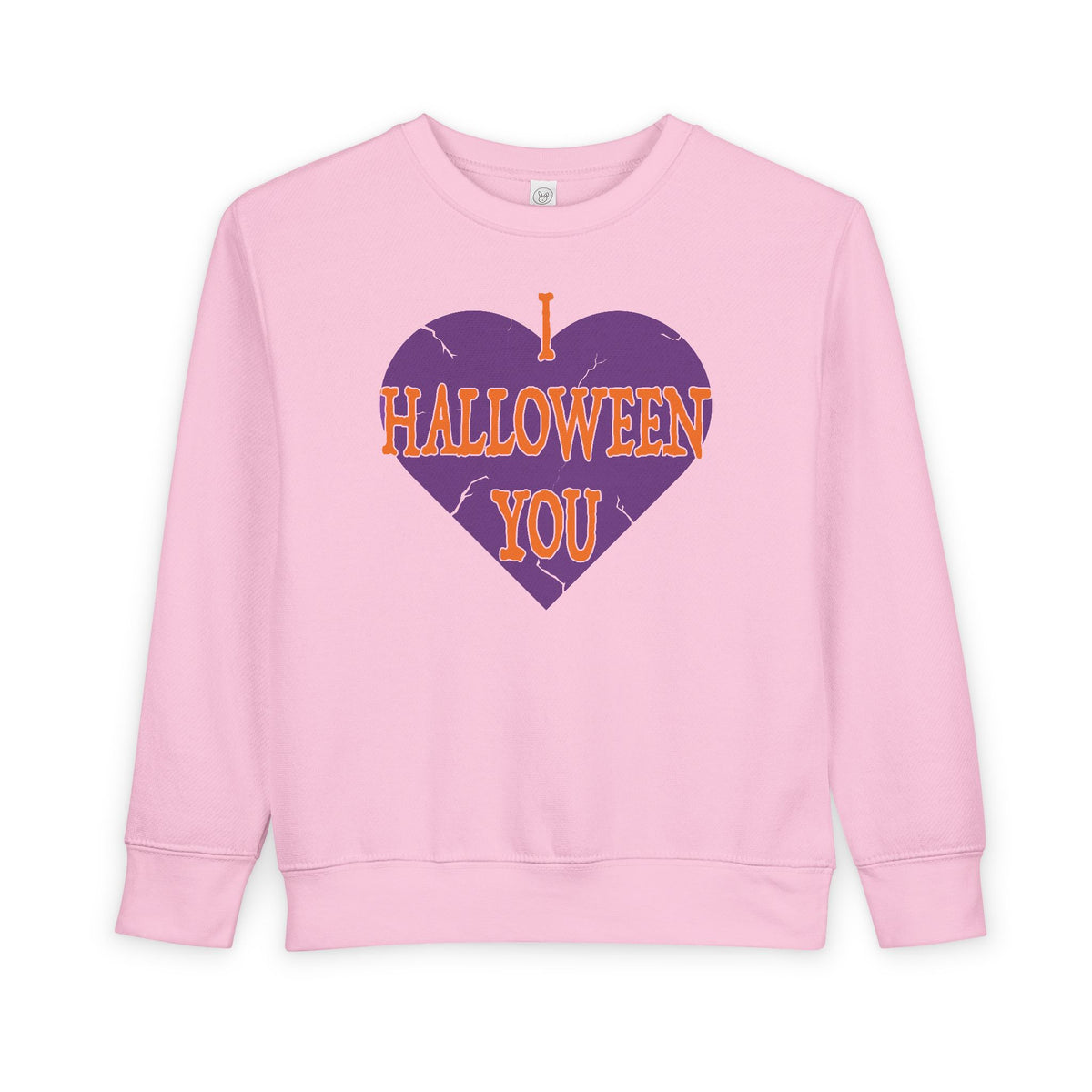 A light pink crewneck sweatshirt featuring a distressed purple heart graphic on the front with the text 'I HALLOWEEN YOU' in orange.
