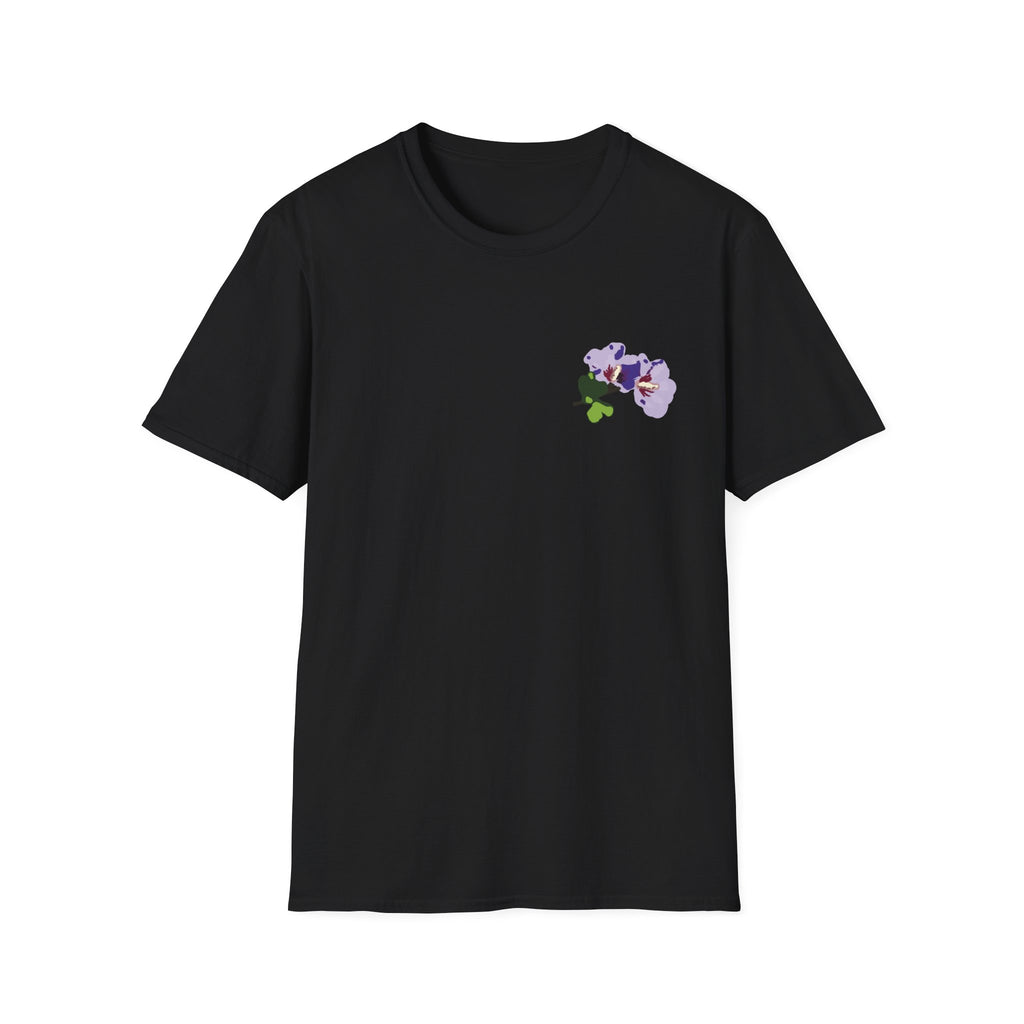 Black t-shirt with white graphic and text on a white background