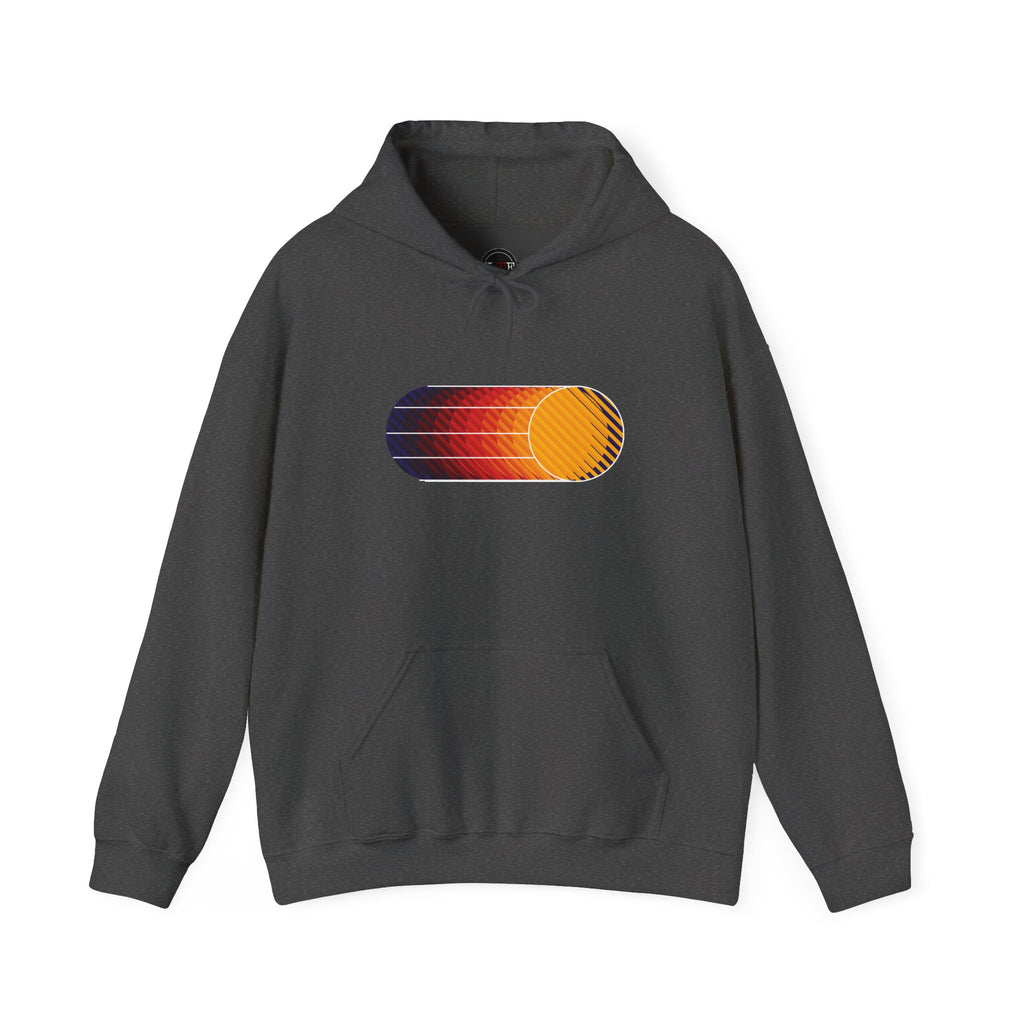 A dark gray pullover hoodie with a stylized horizontal graphic on the chest depicting a sunset gradient transitioning from blue to orange and yellow.