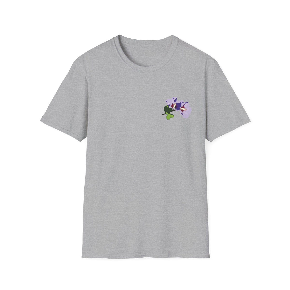 Gray t-shirt with a logo on the chest against a white background