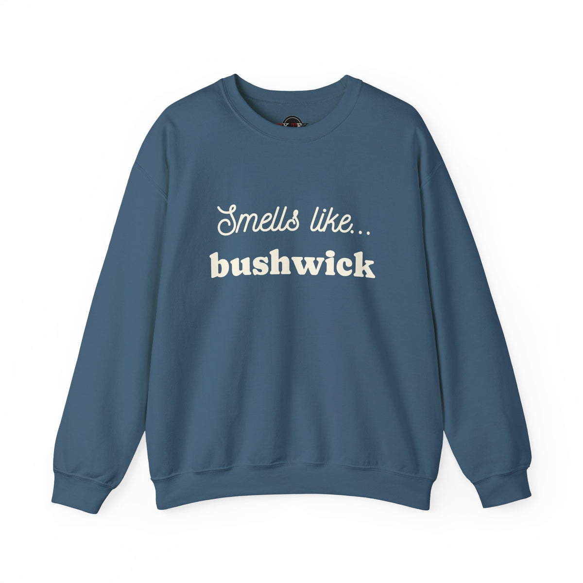Indigo Blue Smells Like Bushwick graphic crewneck sweatshirt