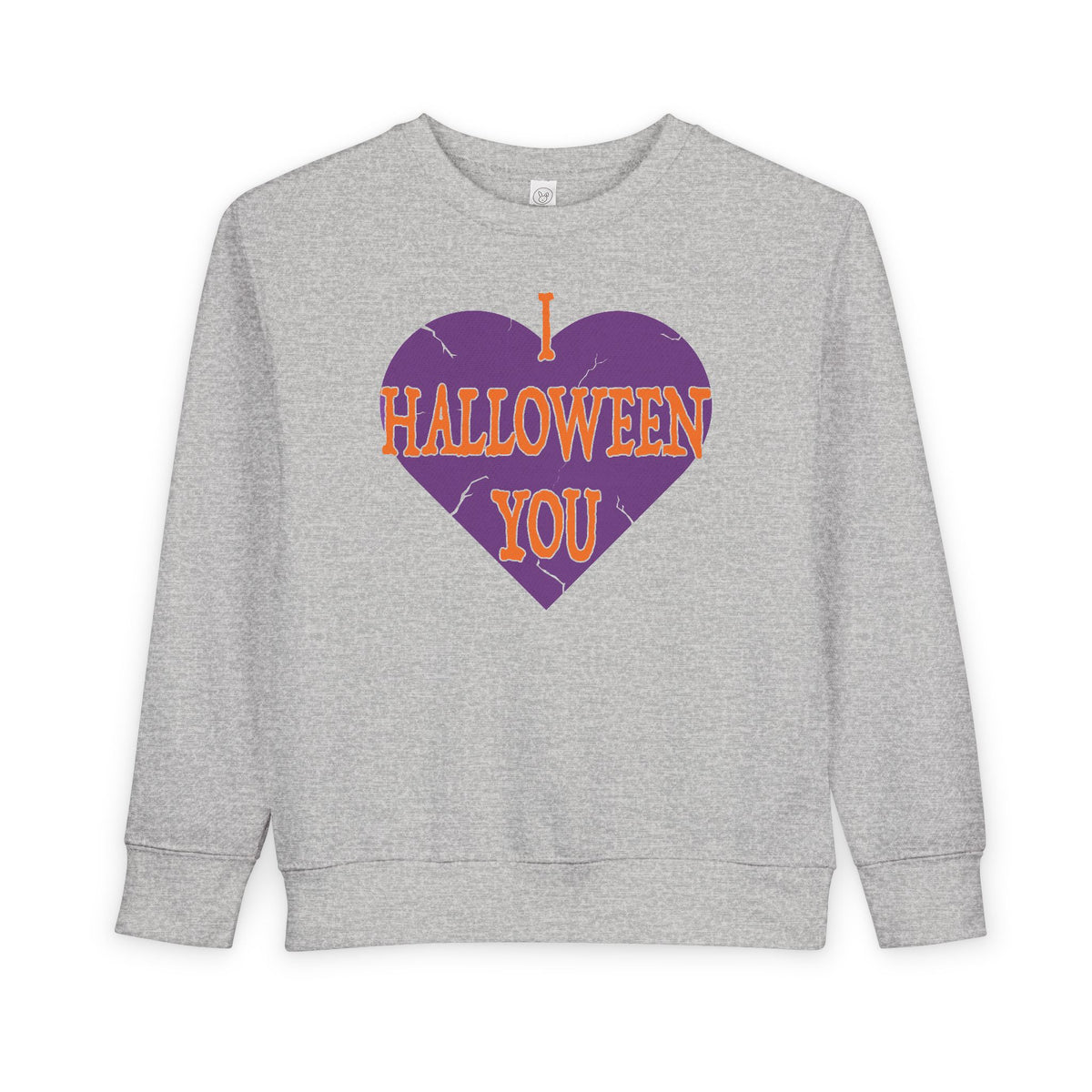A heather gray crewneck sweatshirt featuring a graphic on the front with a purple heart and orange text that reads 'I HALLOWEEN YOU'.