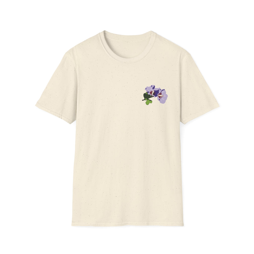 A cream-colored short-sleeve crewneck t-shirt with a small purple flower graphic on the left chest, displayed on a clean white background.