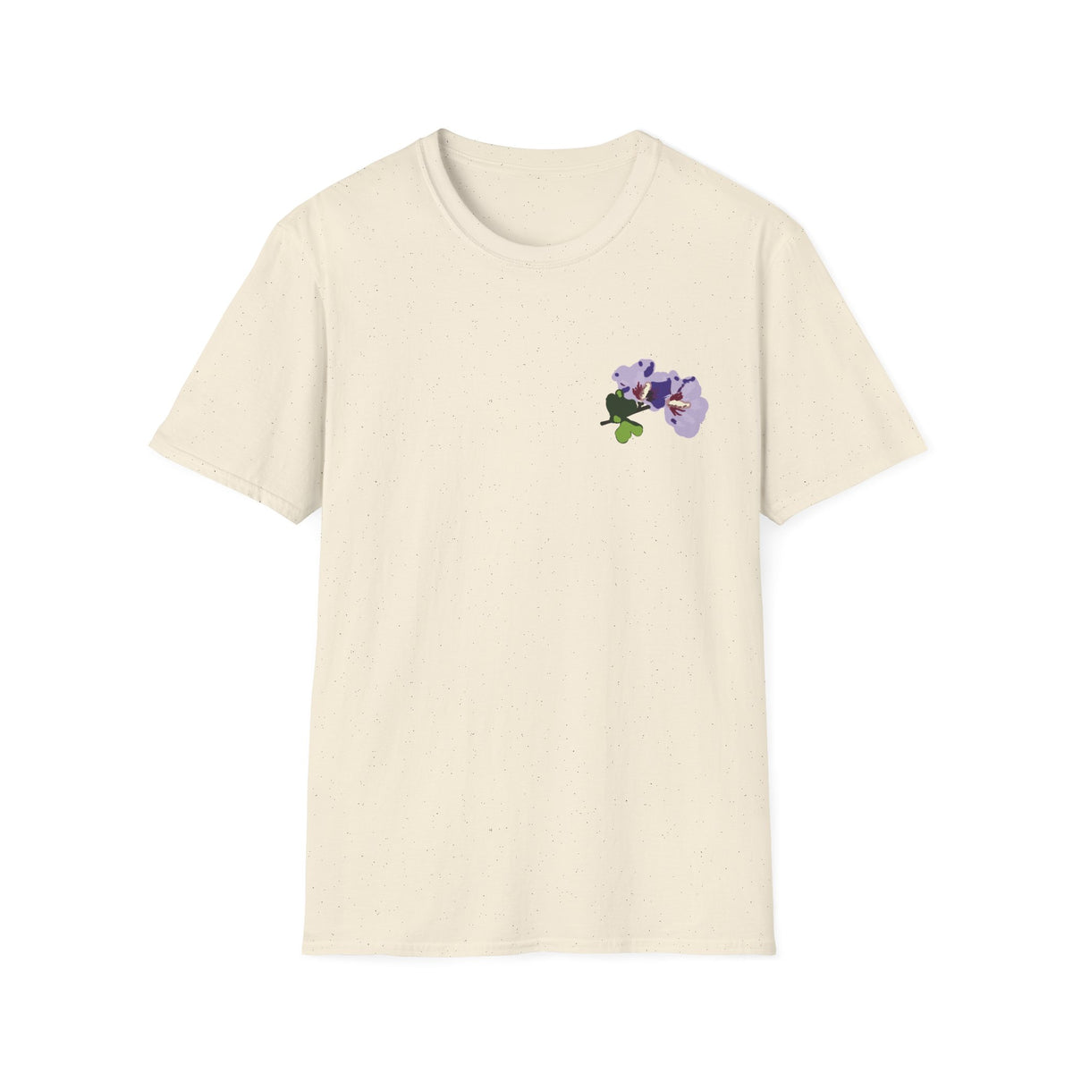 A cream-colored short-sleeve crewneck t-shirt with a small purple flower graphic on the left chest, displayed on a clean white background.