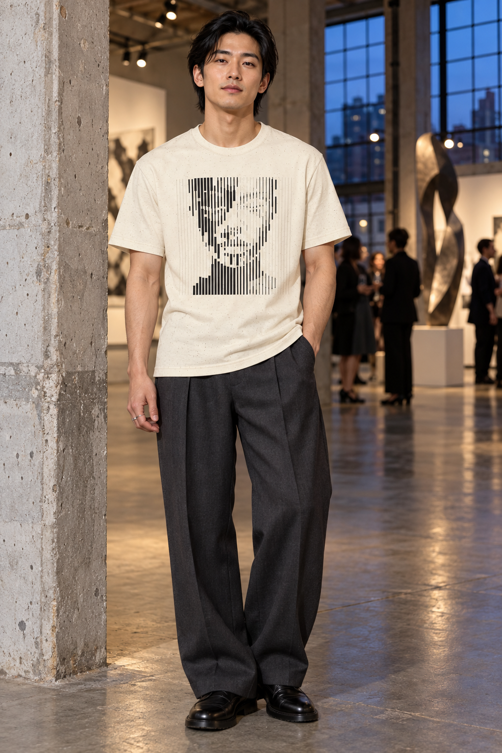 Man wearing a natural-colored Optical Portrait shirt in a gallery