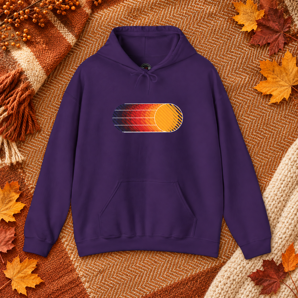 Purple Retro Sunset graphic hoodie styled in a warm autumn flat lay
