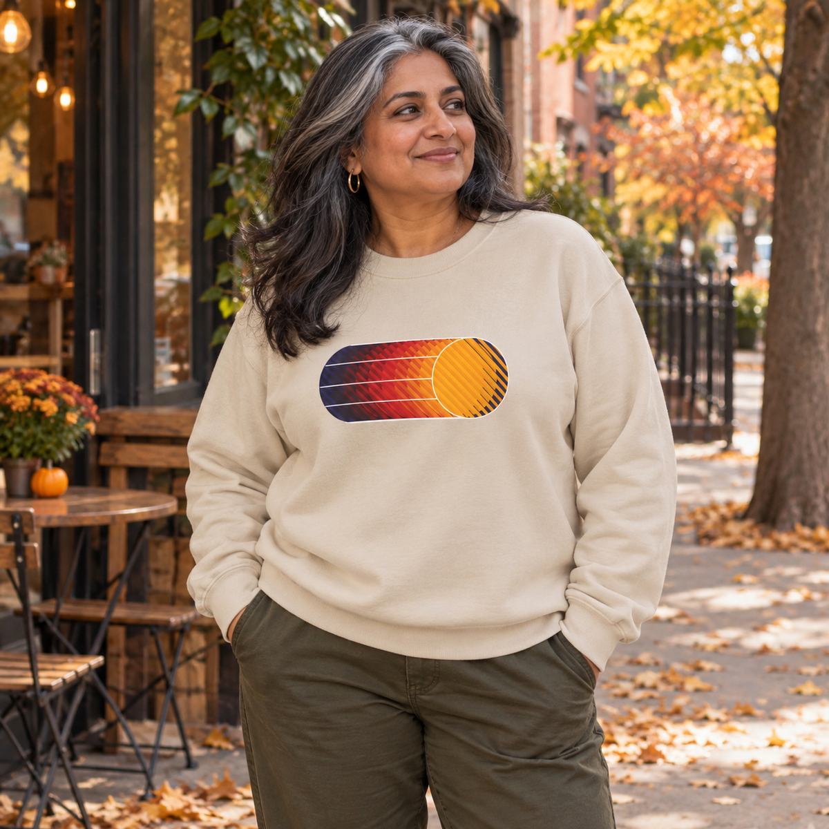 Retro Sunset Graphic Crewneck Sweatshirt | Minimal 80s Sun Design