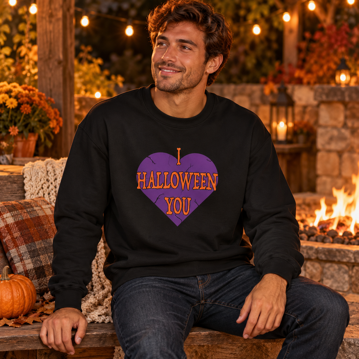 A man wearing a black crewneck sweatshirt with a purple heart graphic that reads 'I HALLOWEEN YOU' in orange, sitting in a cozy outdoor patio setting with a fire pit and warm string lights.
