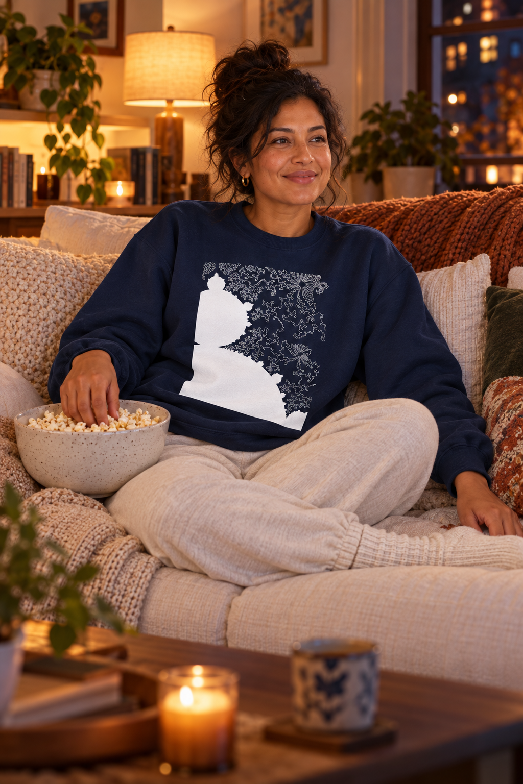 Woman wearing a navy Mandelbrot Fractal sweatshirt on a sofa with popcorn