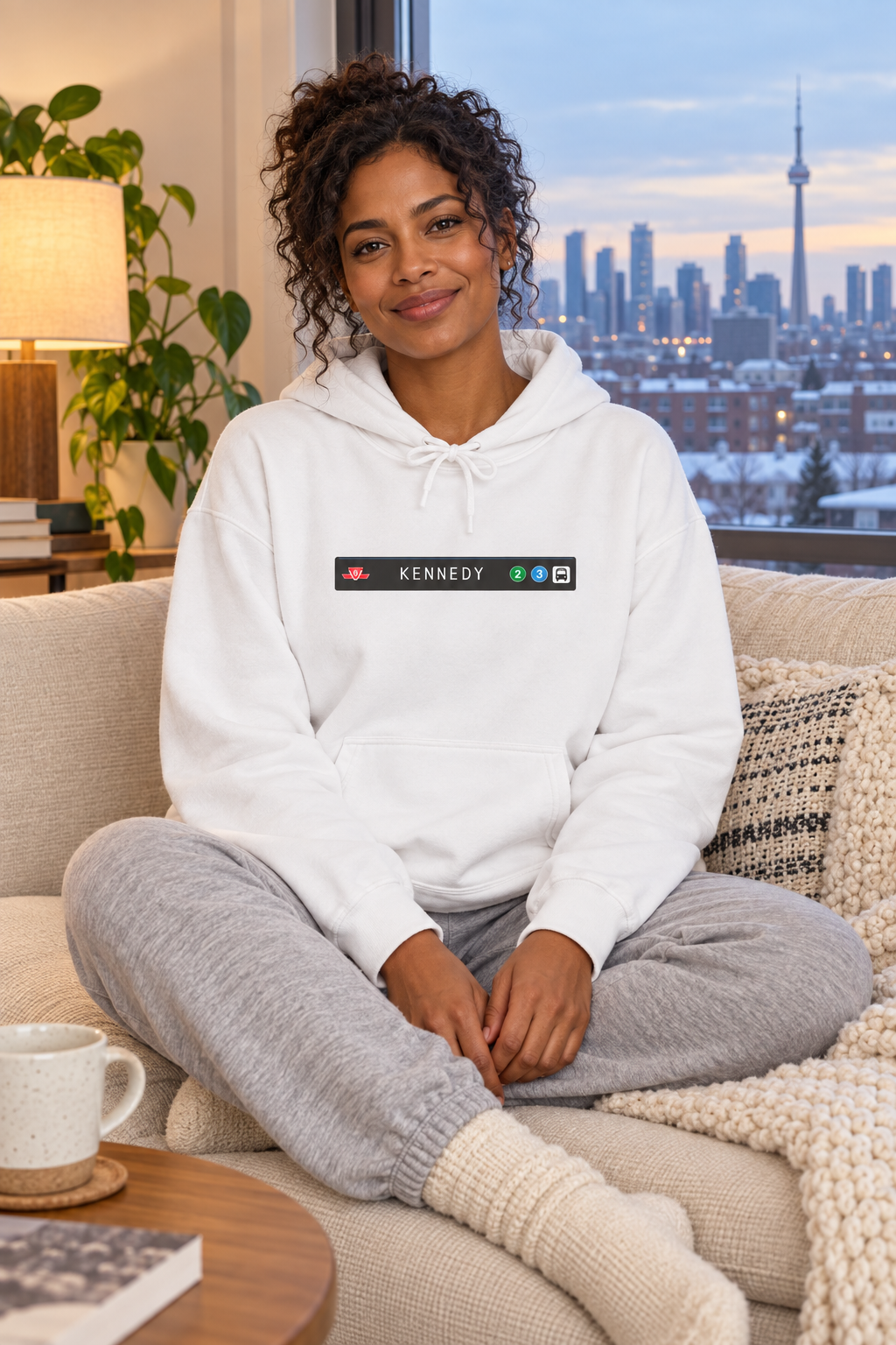 Woman wearing a white Kennedy Scarborough RT hoodie on a sofa