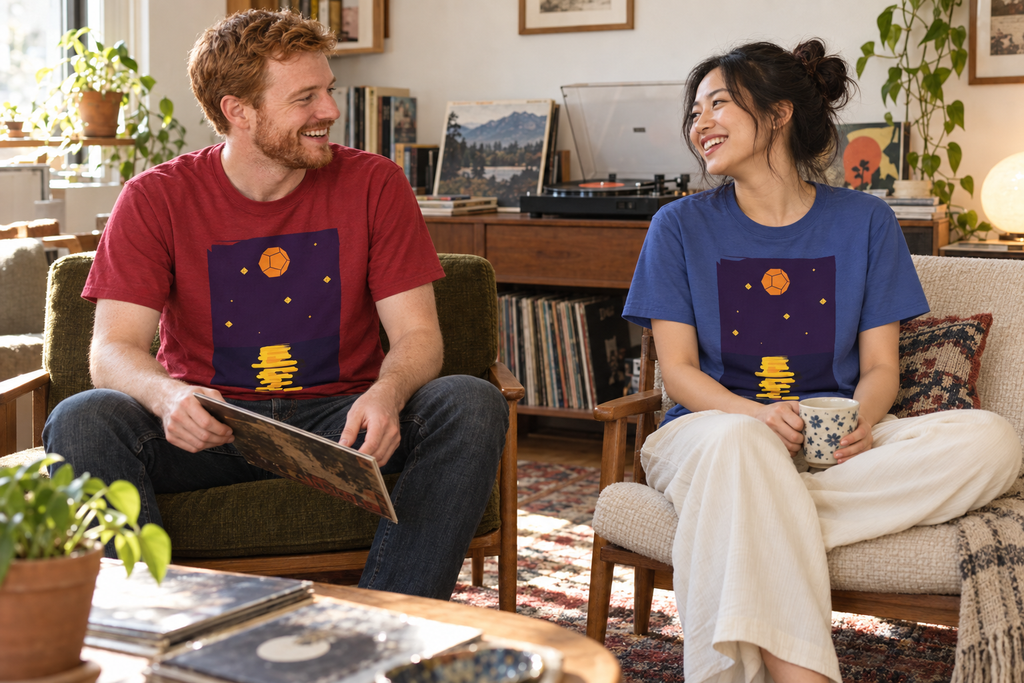 A man and a woman sitting in cozy living room chairs, both wearing matching graphic t-shirts with a space-themed design featuring a yellow moon and stars on a dark blue background.