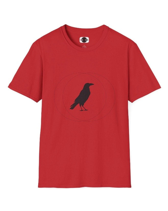A red short-sleeve crewneck t-shirt featuring a black crow graphic inside a thin circular line design on the chest, displayed against a solid white background.
