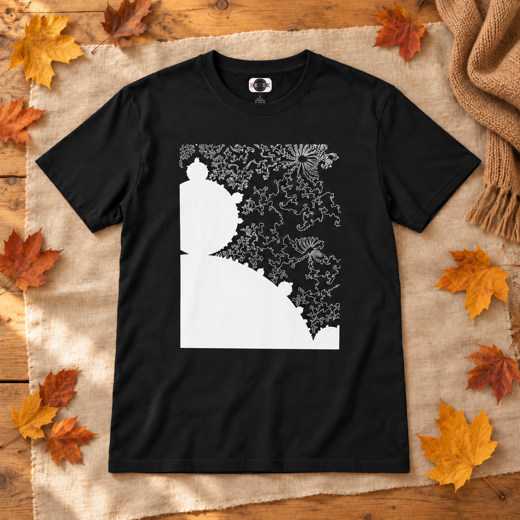 Black Mandelbrot Fractal shirt laid flat with books and autumn leaves