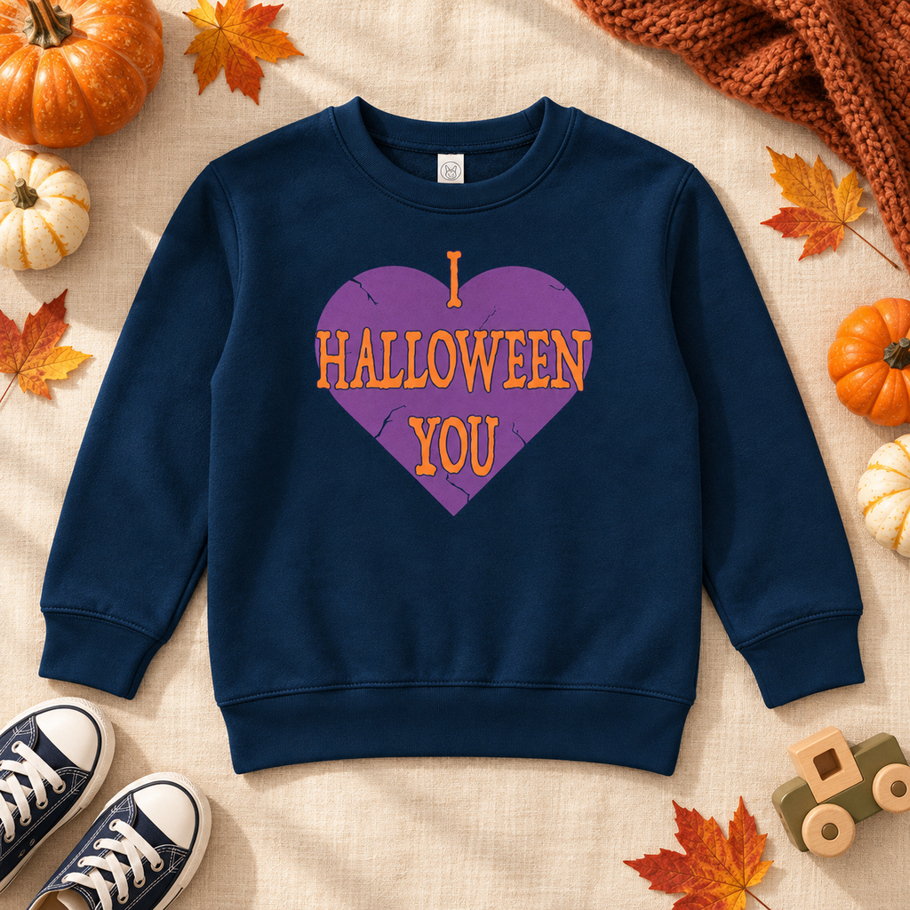 A navy blue crewneck sweatshirt with a purple heart graphic reading 'I HALLOWEEN YOU' in orange, styled in a flat lay with autumn leaves, pumpkins, sneakers, and a knit blanket.