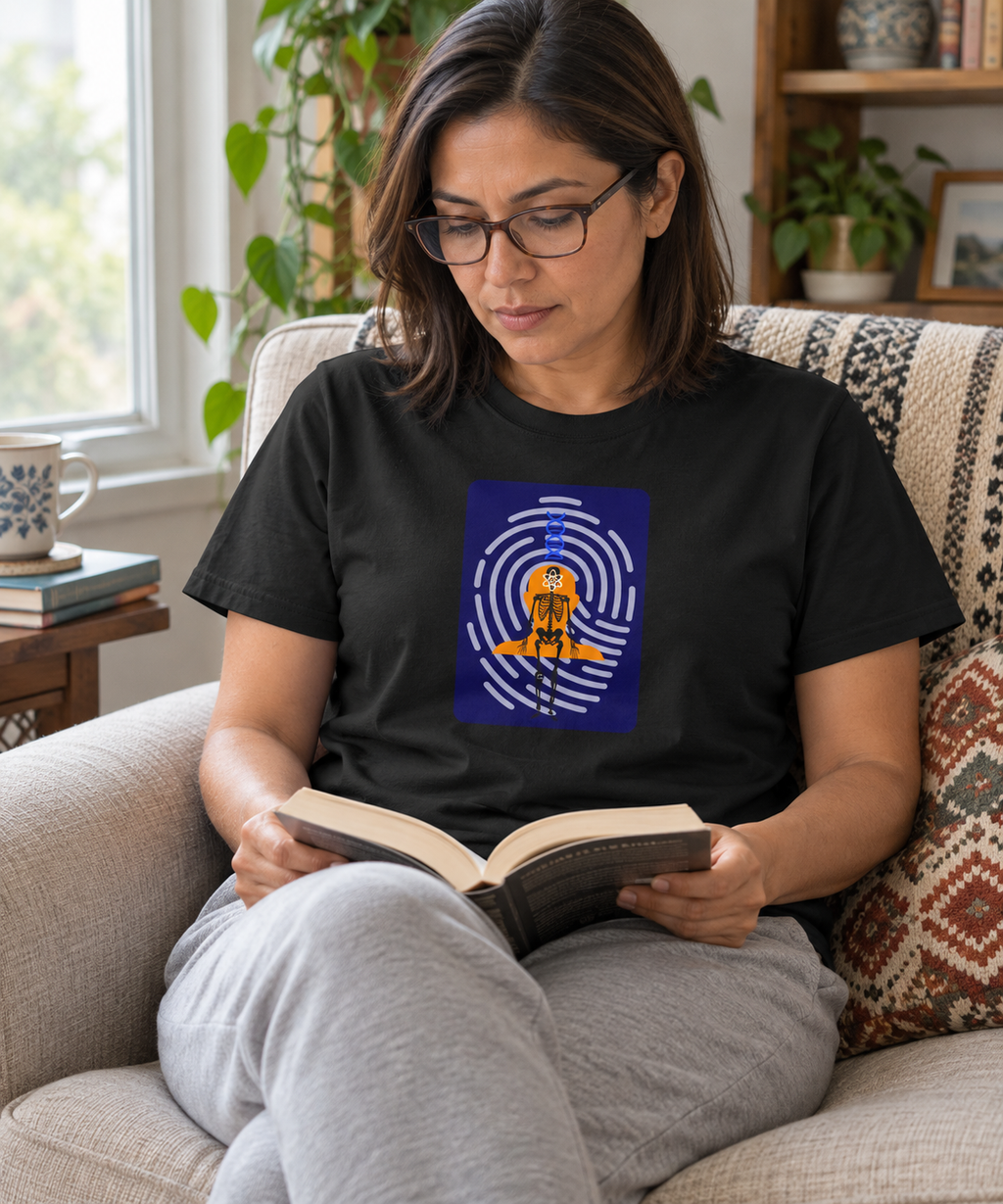 Woman reading in a black Human Blueprint fingerprint shirt