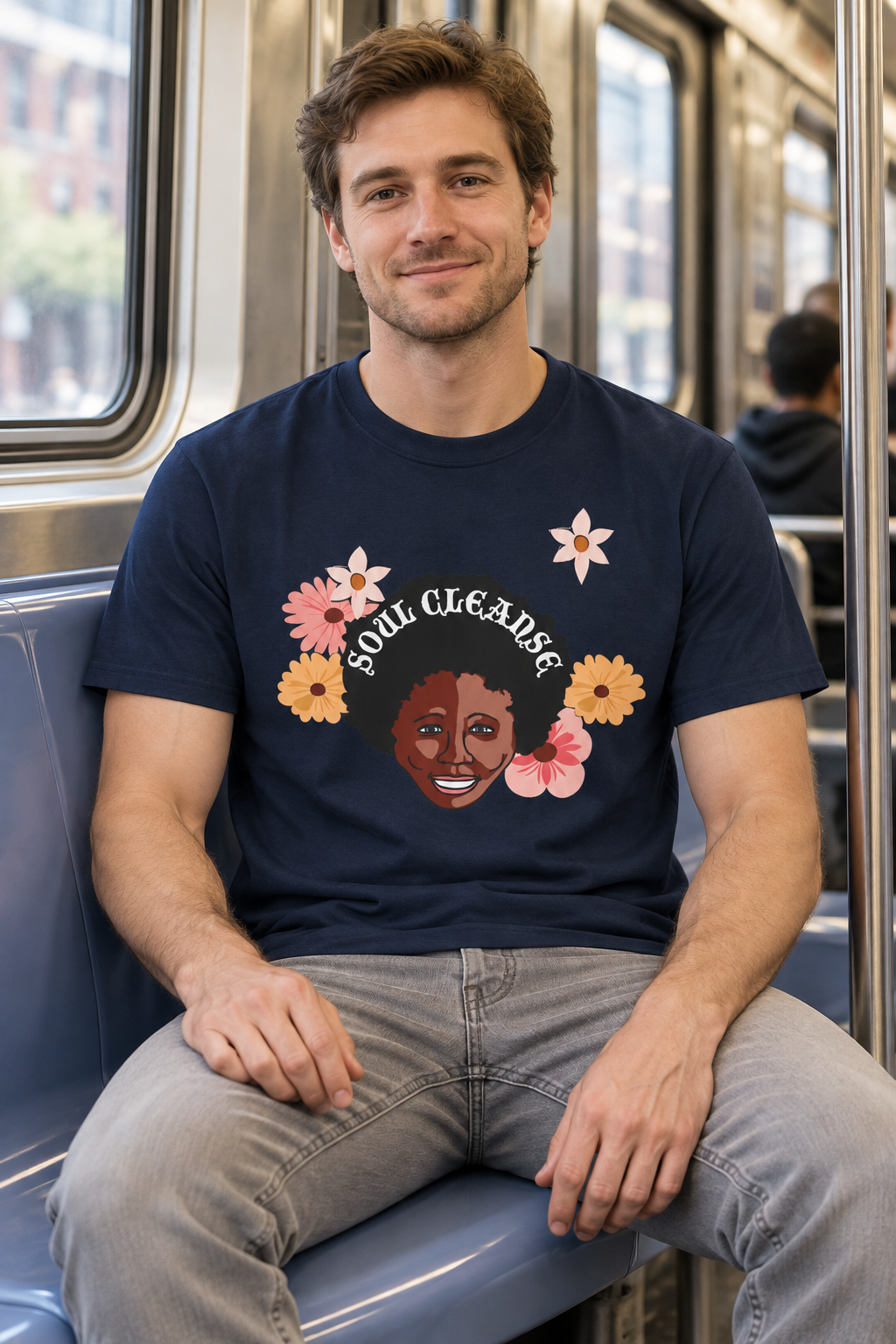 Man wearing a navy Soul Cleanse shirt on public transport
