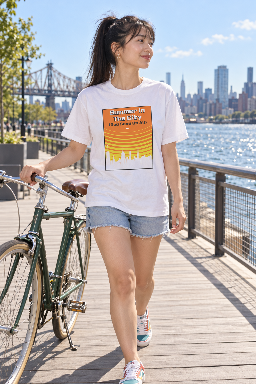 Woman wearing a white Summer in the City shirt beside a bicycle on a waterfront