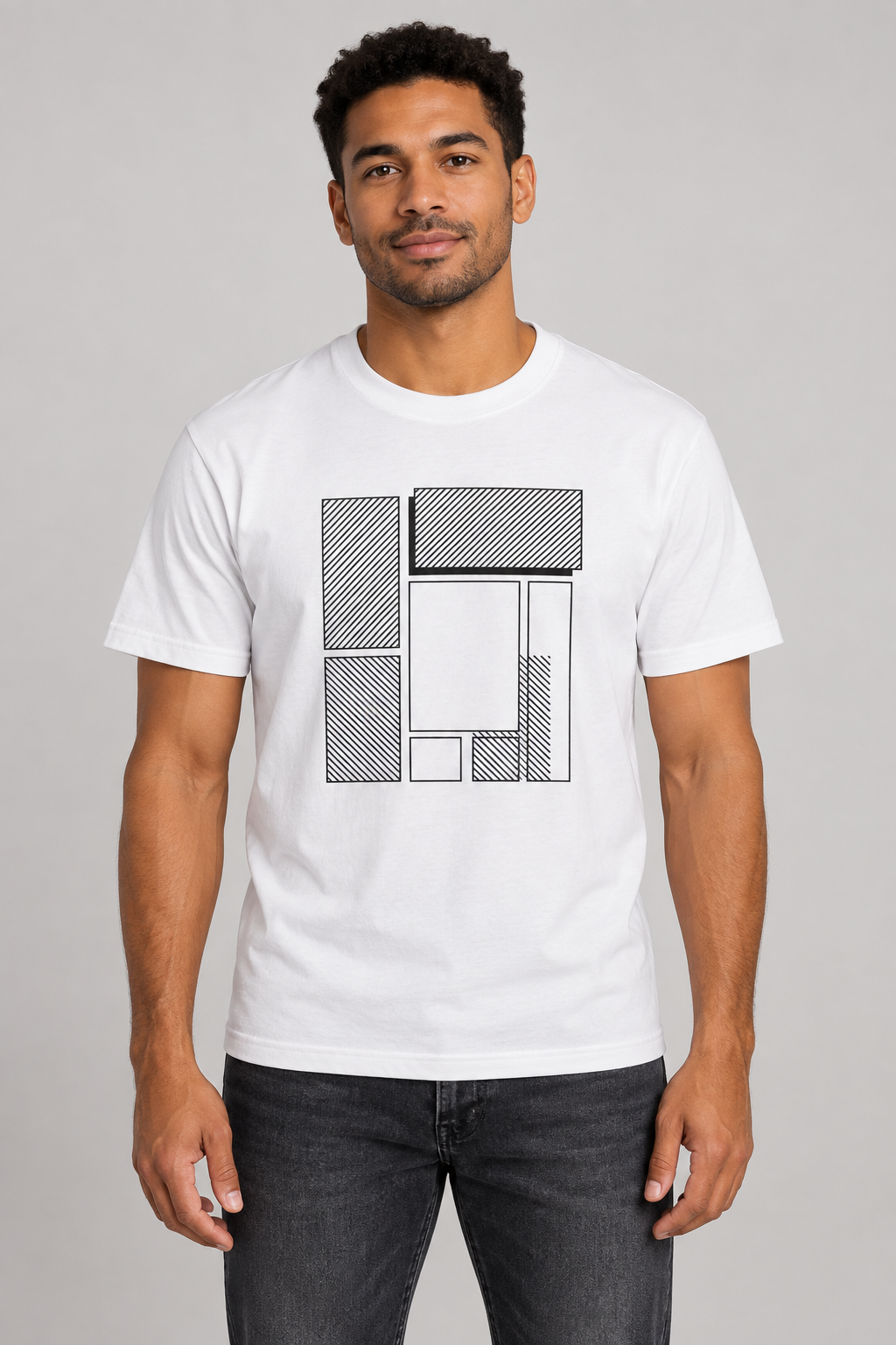 Man wearing a white Minimalist Abstract Geometric shirt against a light background