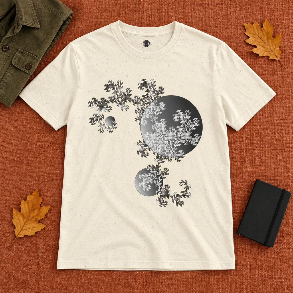 Natural-colored Dragon Curve Fractal shirt laid flat with autumn leaves