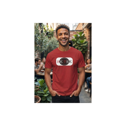 Red BkTek graphic shirt shown in a relaxed lifestyle setting