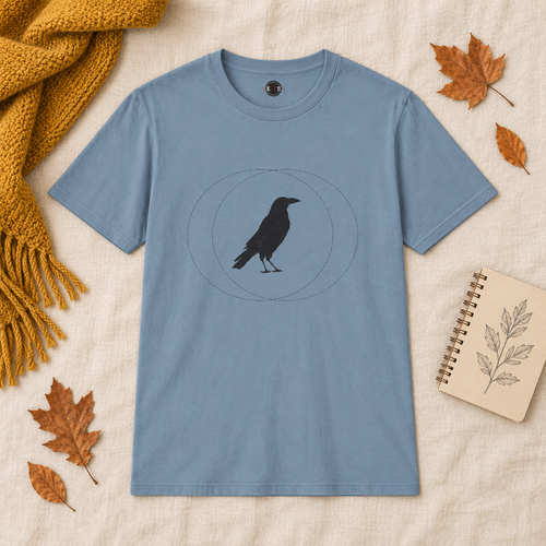 Stone Blue Wise Crow T-shirt styled in a bright autumn flat lay