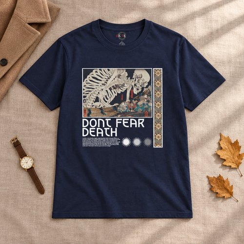 Navy Don't Fear Death skeleton shirt laid flat with autumn leaves