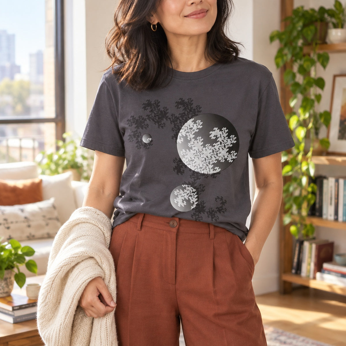 Woman wearing a charcoal Dragon Curve Fractal shirt indoors