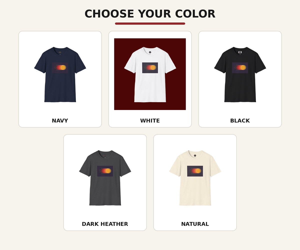 Dynamic Abstract T-shirt color guide showing Navy, White, Black, Dark Heather and Natural