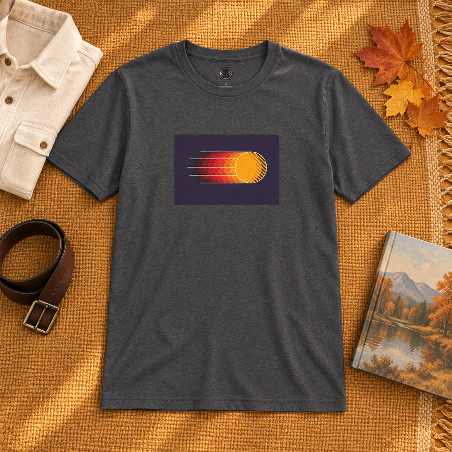 Dark gray Retro Sunset shirt laid flat with autumn accessories