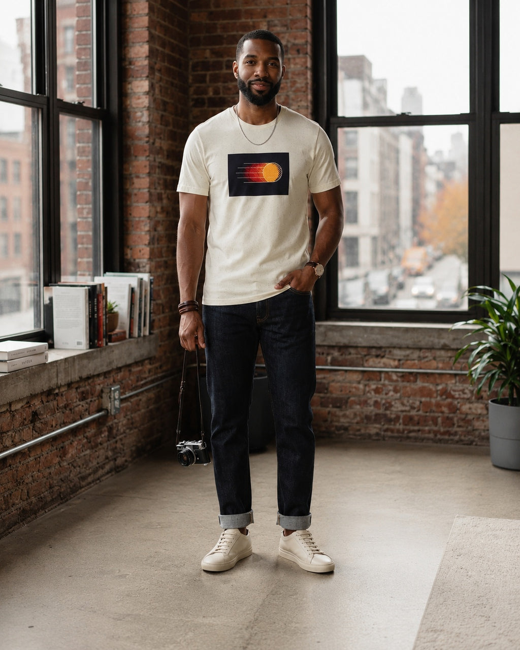Man wearing the Natural Dynamic Abstract graphic T-shirt in a bright loft