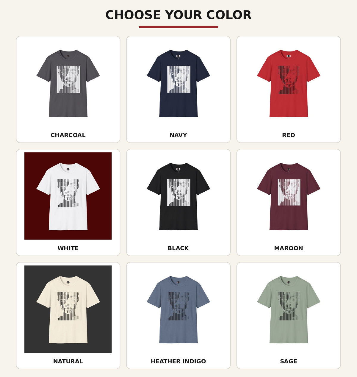 Face Paint T-shirt color guide showing Charcoal, Navy, Red, White, Black, Maroon, Natural, Heather Indigo and Sage