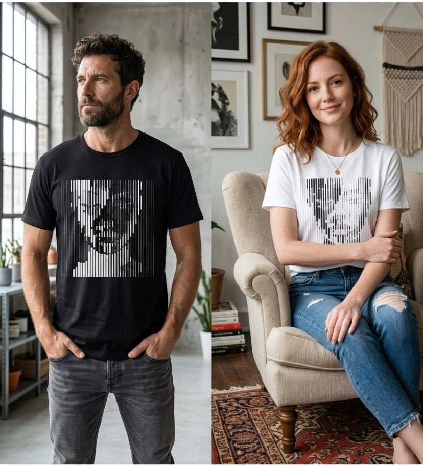Two models wearing Black and White Face Paint abstract portrait graphic T-shirts