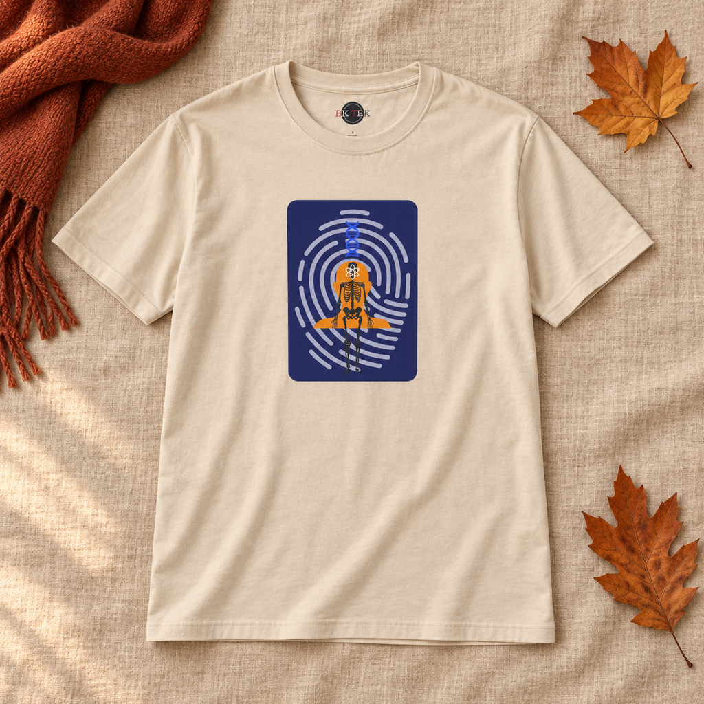 Natural-colored Human Blueprint fingerprint shirt laid flat with autumn accessories