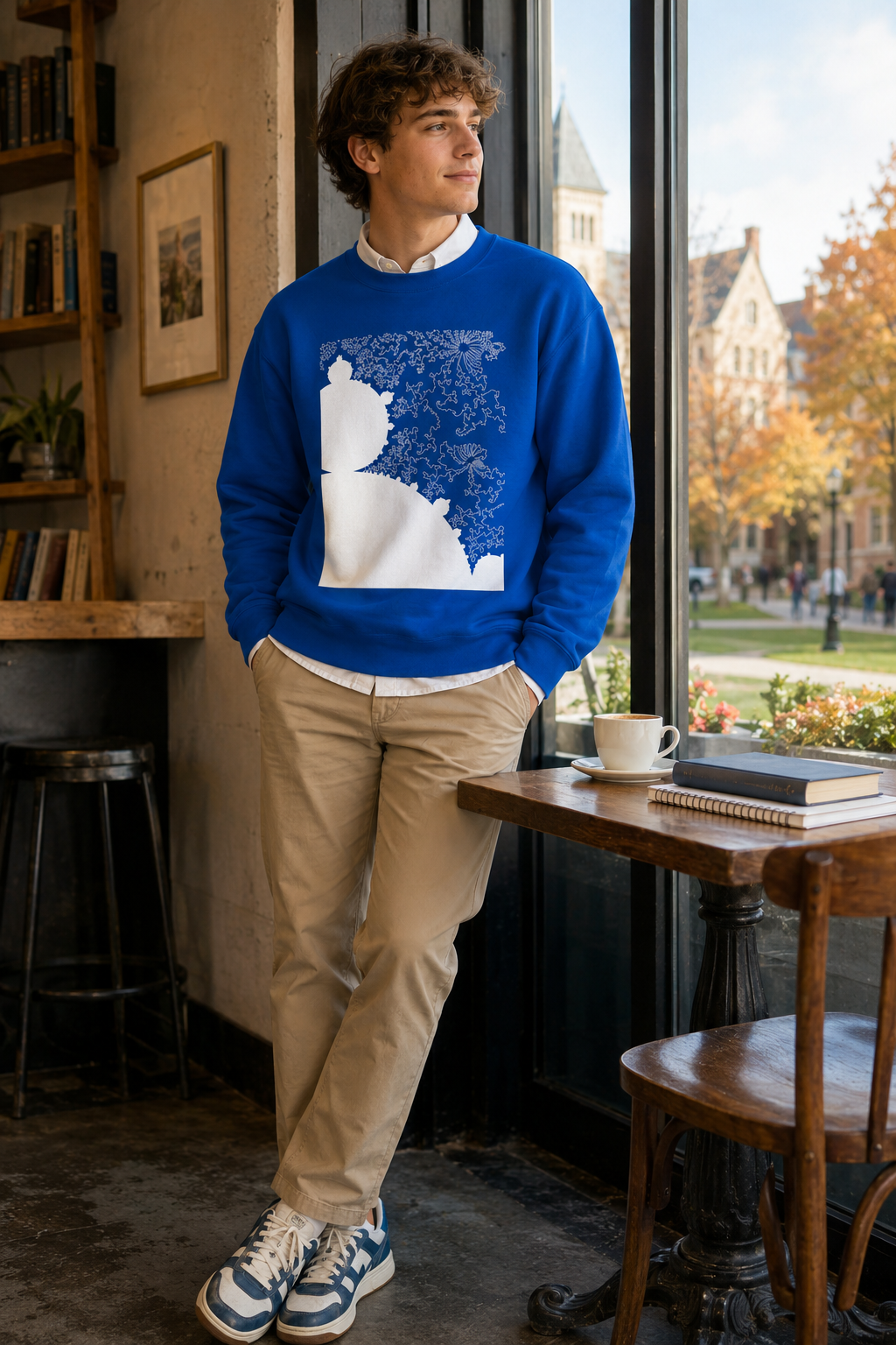 Royal Blue Mandelbrot fractal sweatshirt styled for a casual weekend