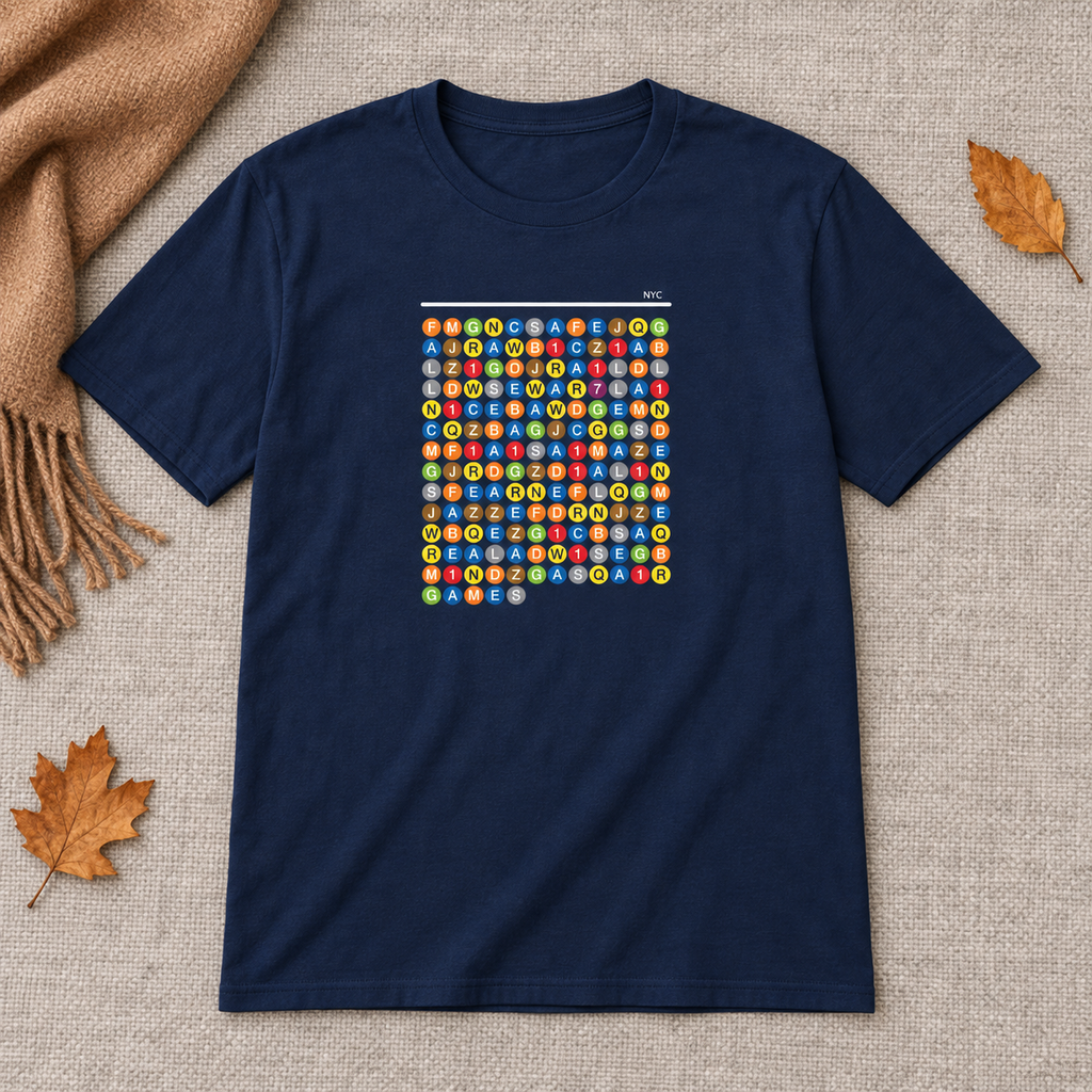 NYC Puzzle T-shirt in Navy styled in an autumn flat lay