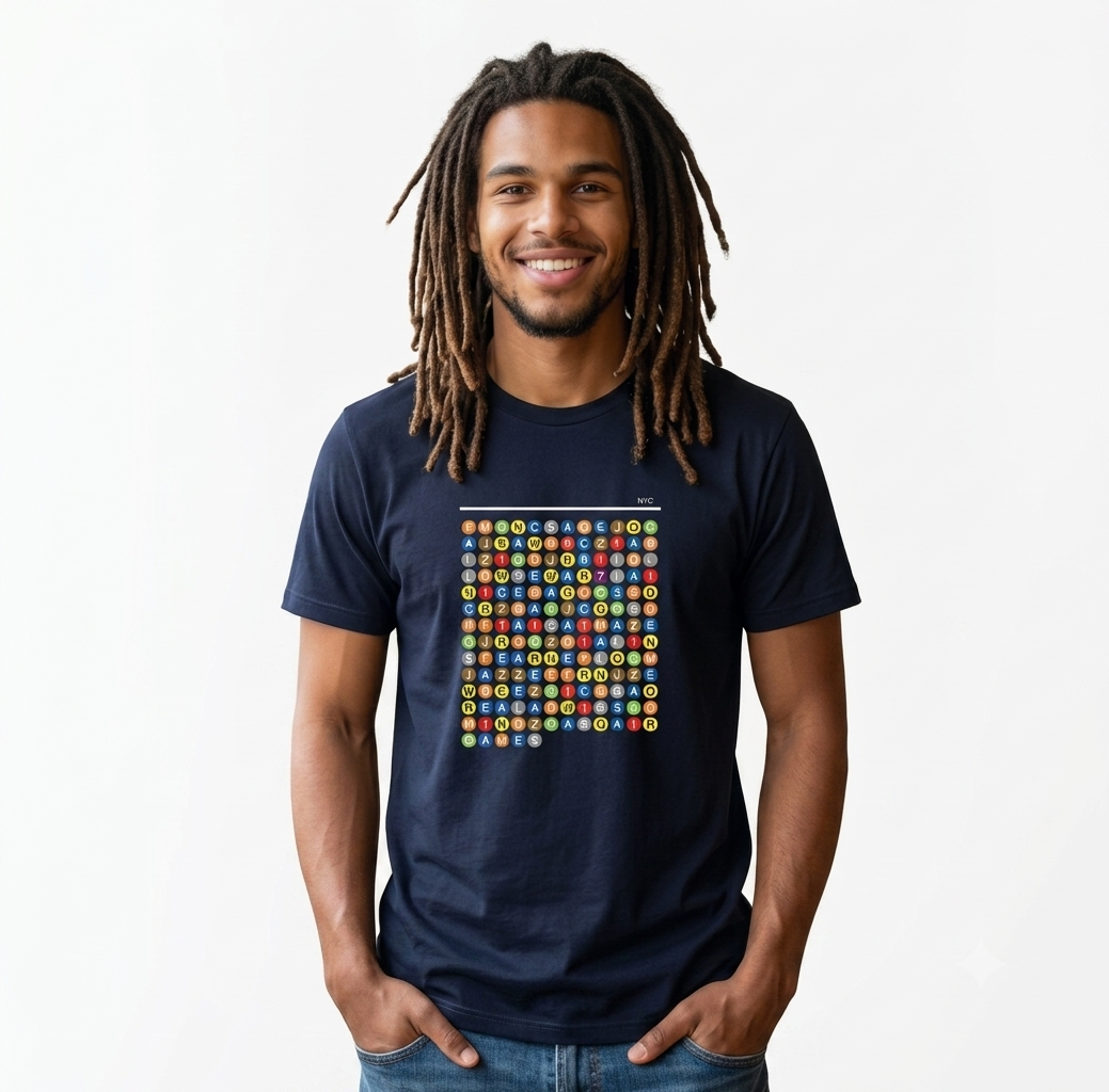 NYC Puzzle T-shirt in Navy on a customer-style model
