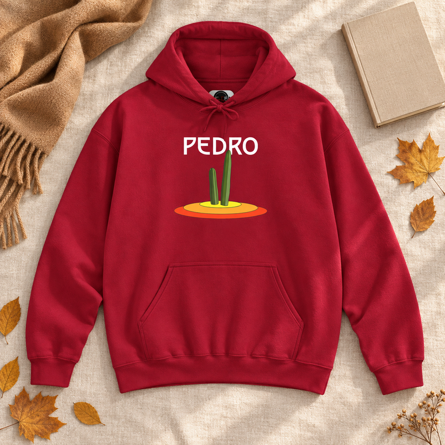 Red Pedro Cactus hoodie laid flat with autumn accessories