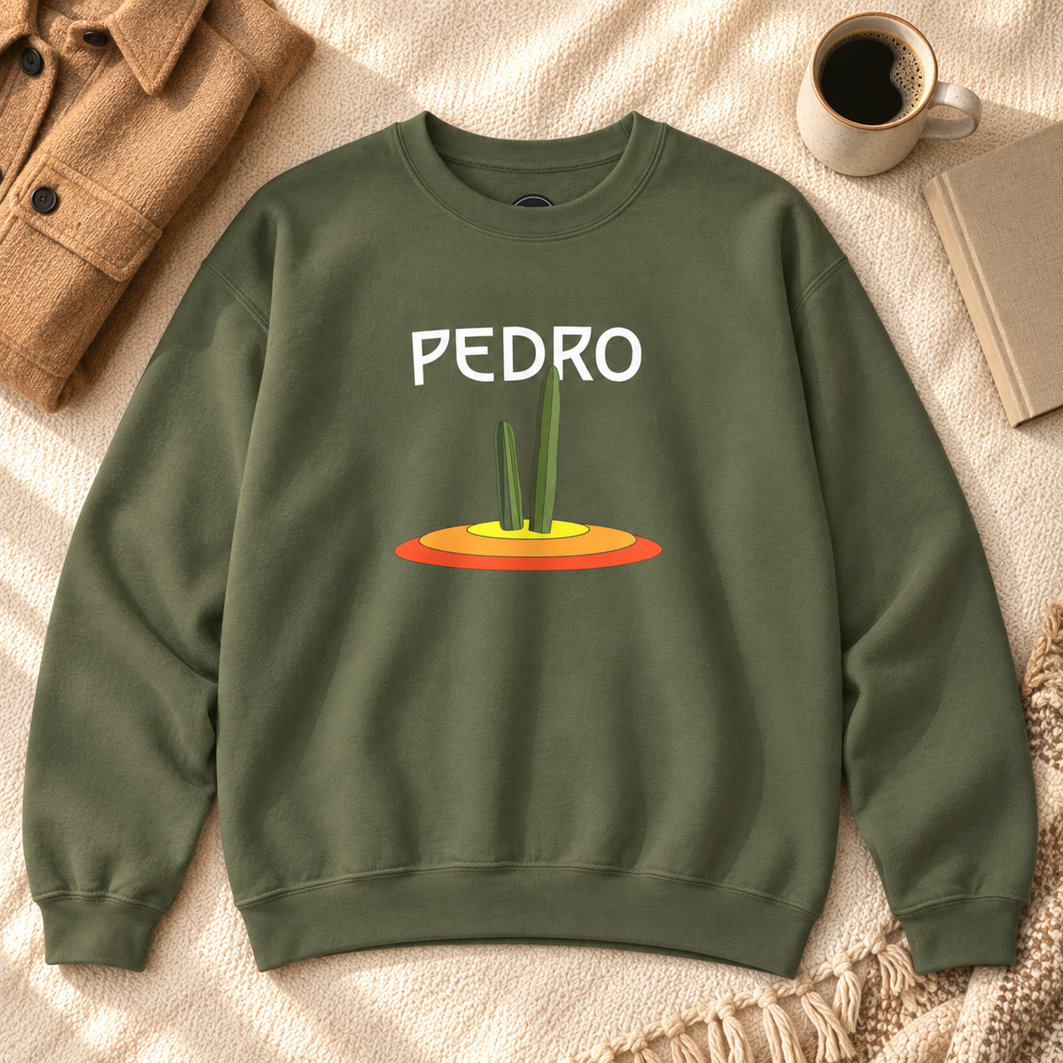 Military Green Pedro cactus sweatshirt styled in a warm autumn flat lay